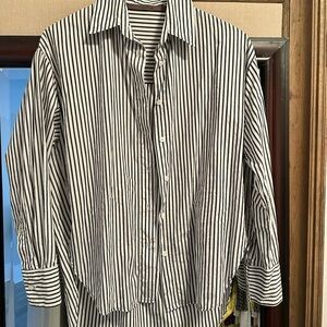 Enza Costa Black and White Vertical Stripe Button-Down Shirt